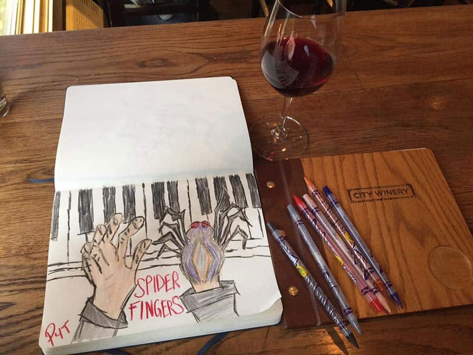 A hand-written request for Bruce Hornsby's Spider Fingers with an illustration of a piano